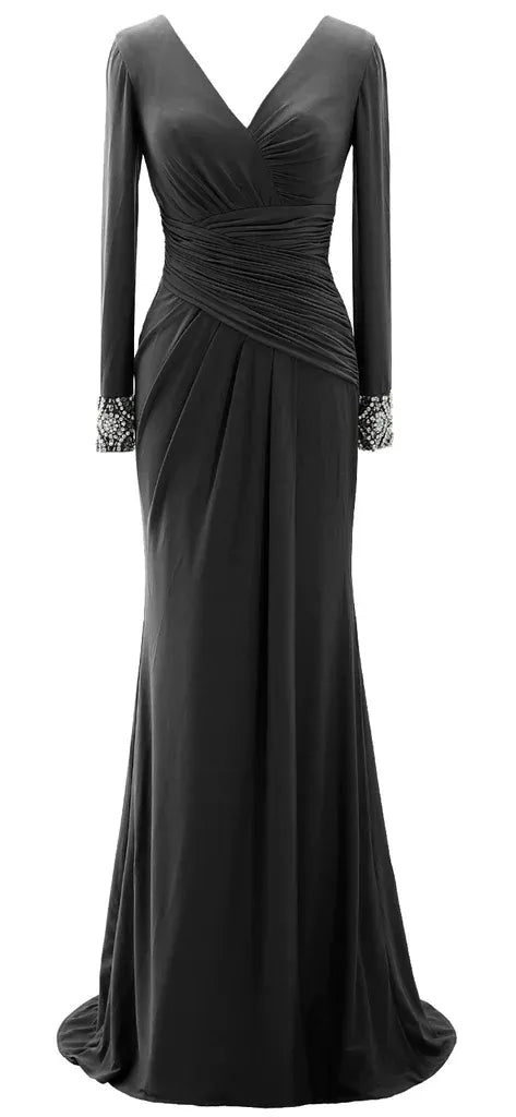 Mermaid V Neck Long Sleeve Beaded Maxi Evening Dress