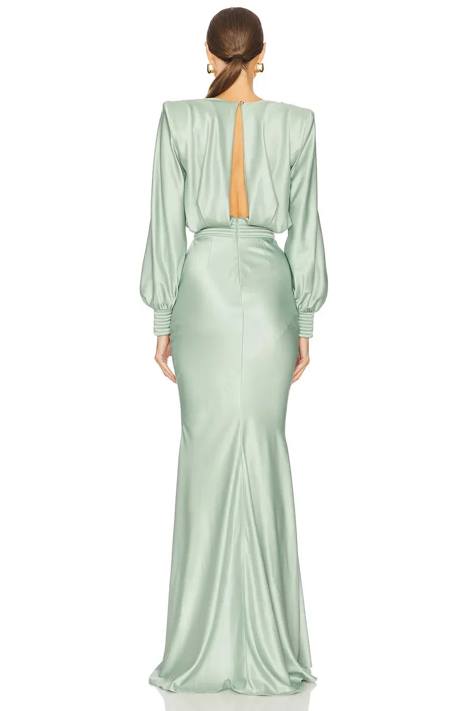 Elegant Mermaid V Neck Long Sleeve Keyhole Back Floor Length Evening Dress