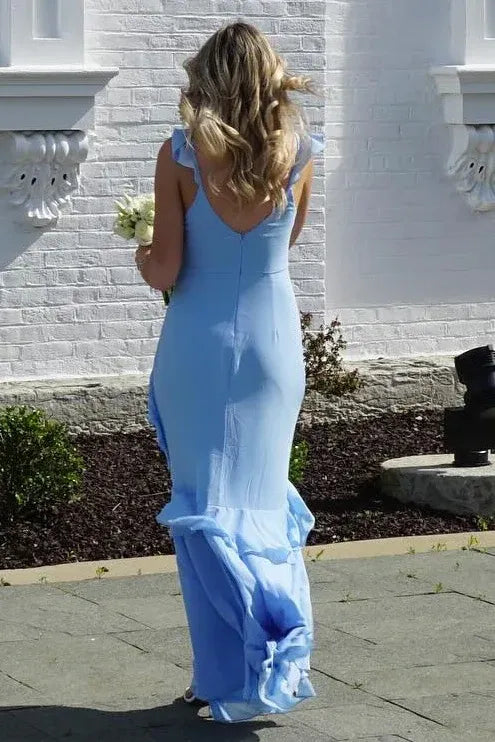 Mermaid V-Neck Ruffle Bridesmaid Evening Maxi Dress