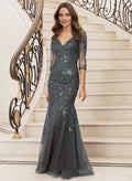 Grey Mermaid V-Neck Three-Quarter Sleeve & Evening Gown