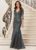 Grey Mermaid V-Neck Three-Quarter Sleeve & Evening Gown