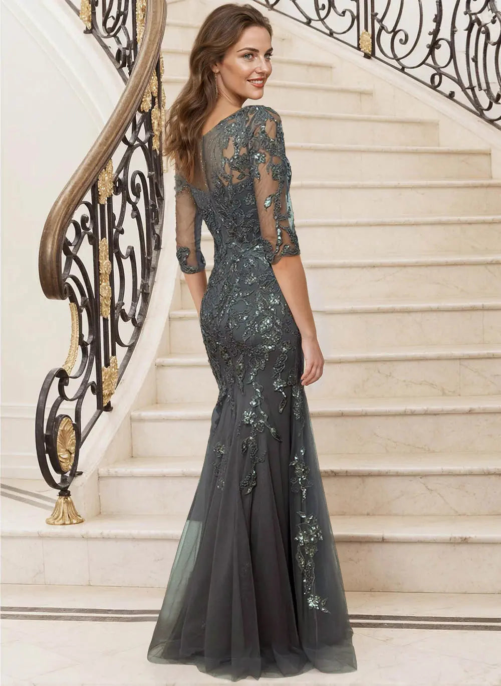 Grey Mermaid V-Neck Three-Quarter Sleeve & Evening Gown