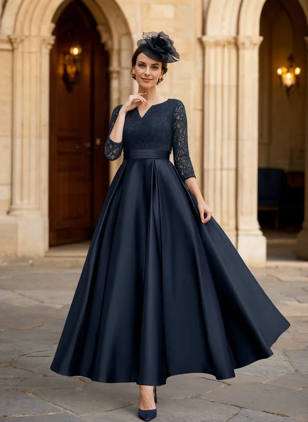 Navy Blue V-Neck & A-Line Evening Gown with Three-Quarter Sleeves