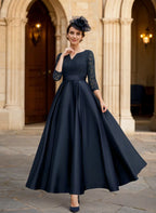 Navy Blue V-Neck & A-Line Evening Gown with Three-Quarter Sleeves