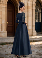 Navy Blue V-Neck & A-Line Evening Gown with Three-Quarter Sleeves
