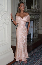 Off-the-Shoulder Bow Mermaid Maxi Dress with Lace-Up Back