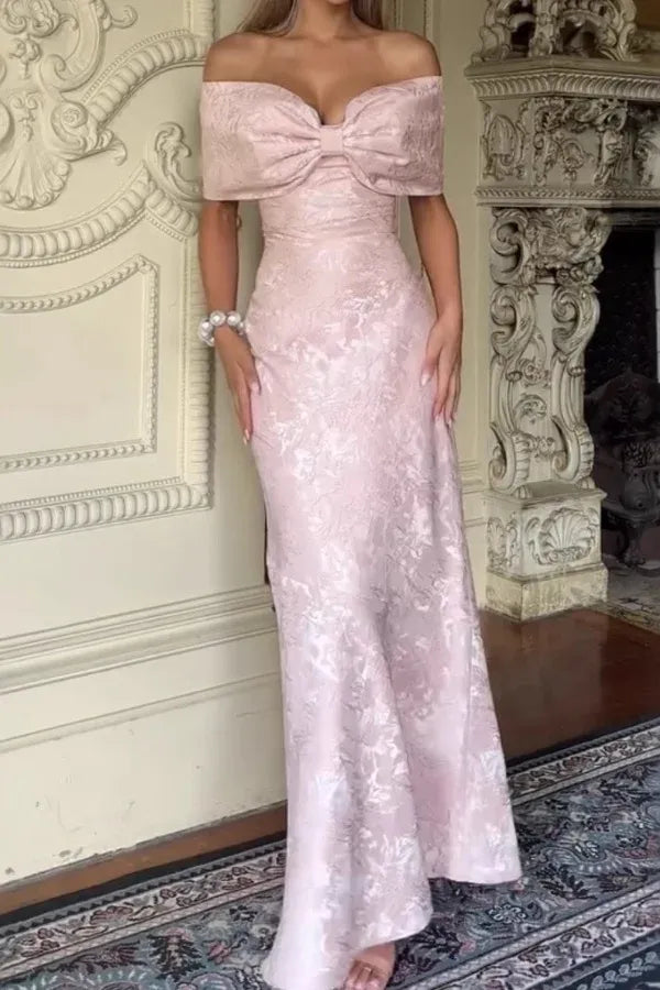 Off-the-Shoulder Bow Mermaid Maxi Dress with Lace-Up Back
