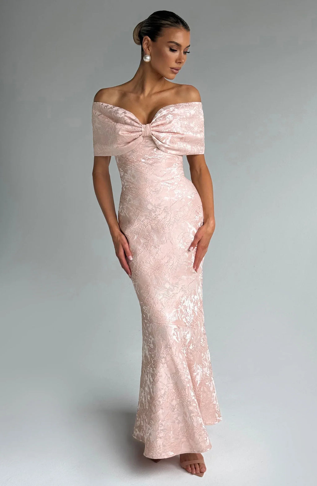 Off-the-Shoulder Bow Mermaid Maxi Dress with Lace-Up Back