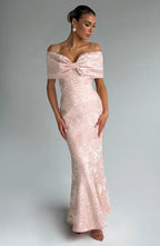 Off-the-Shoulder Bow Mermaid Maxi Dress with Lace-Up Back