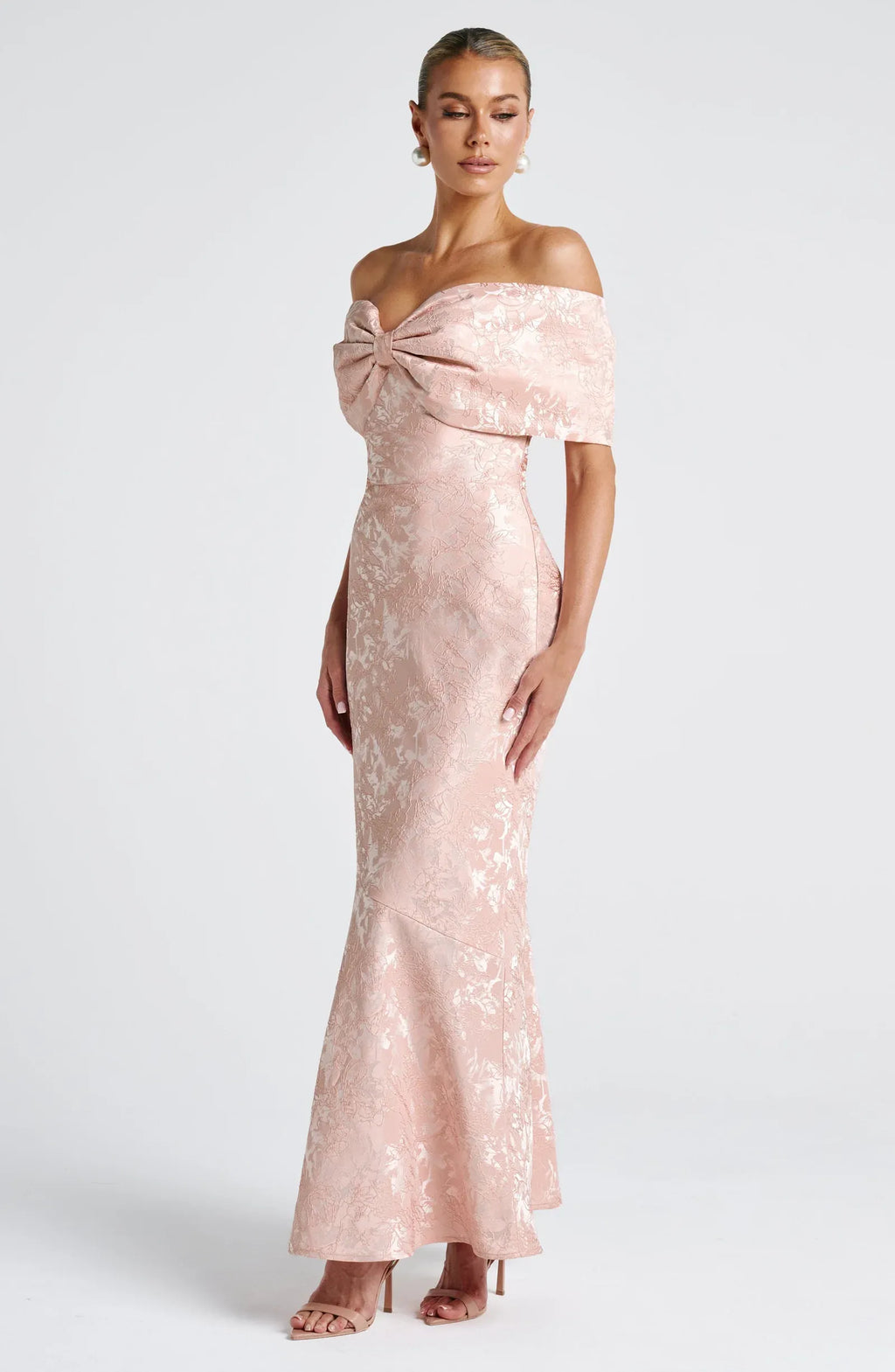 Off-the-Shoulder Bow Mermaid Maxi Dress with Lace-Up Back