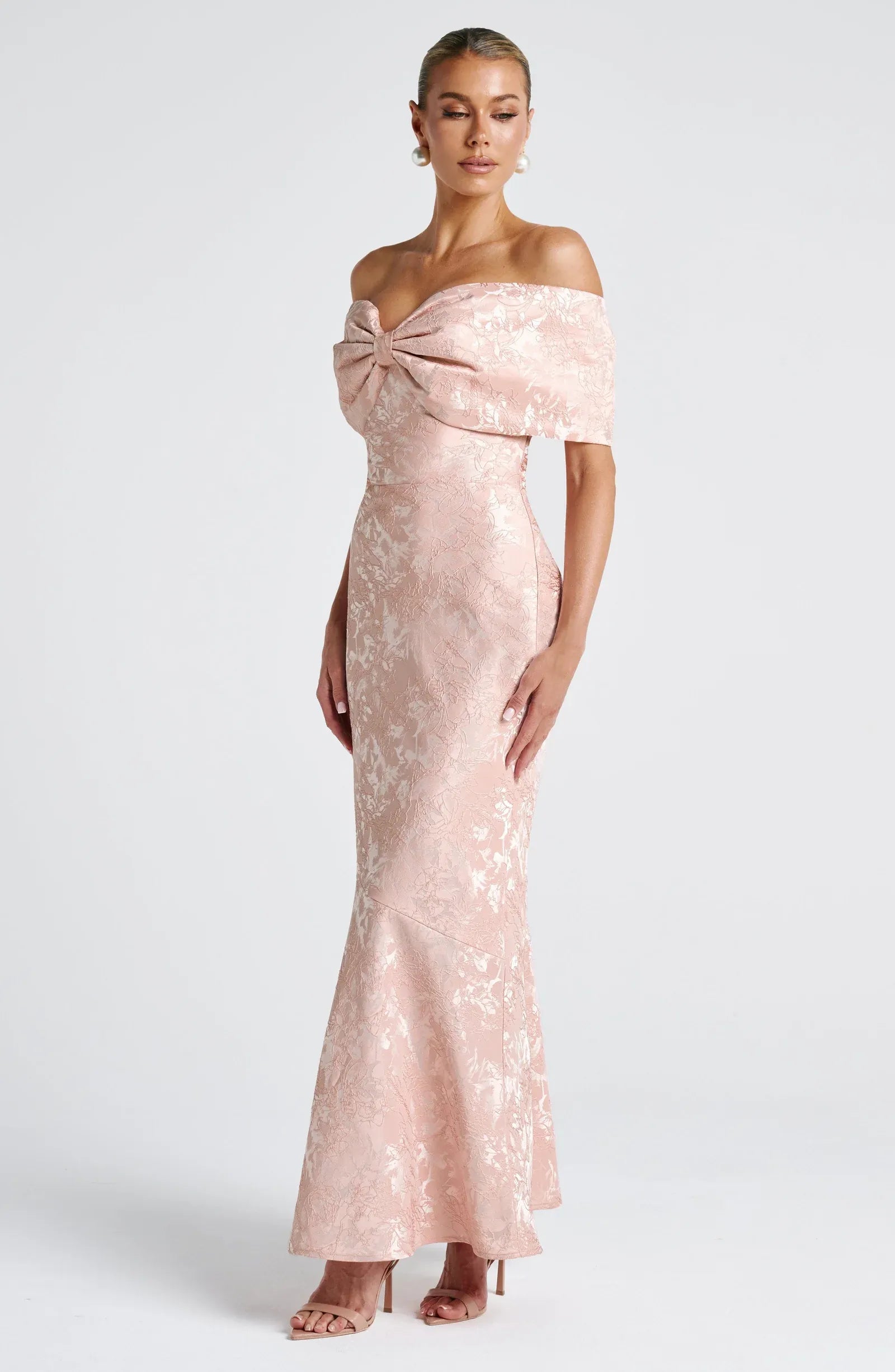 Off-the-Shoulder Bow Mermaid Maxi Dress with Lace-Up Back