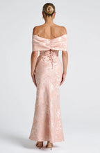 Off-the-Shoulder Bow Mermaid Maxi Dress with Lace-Up Back