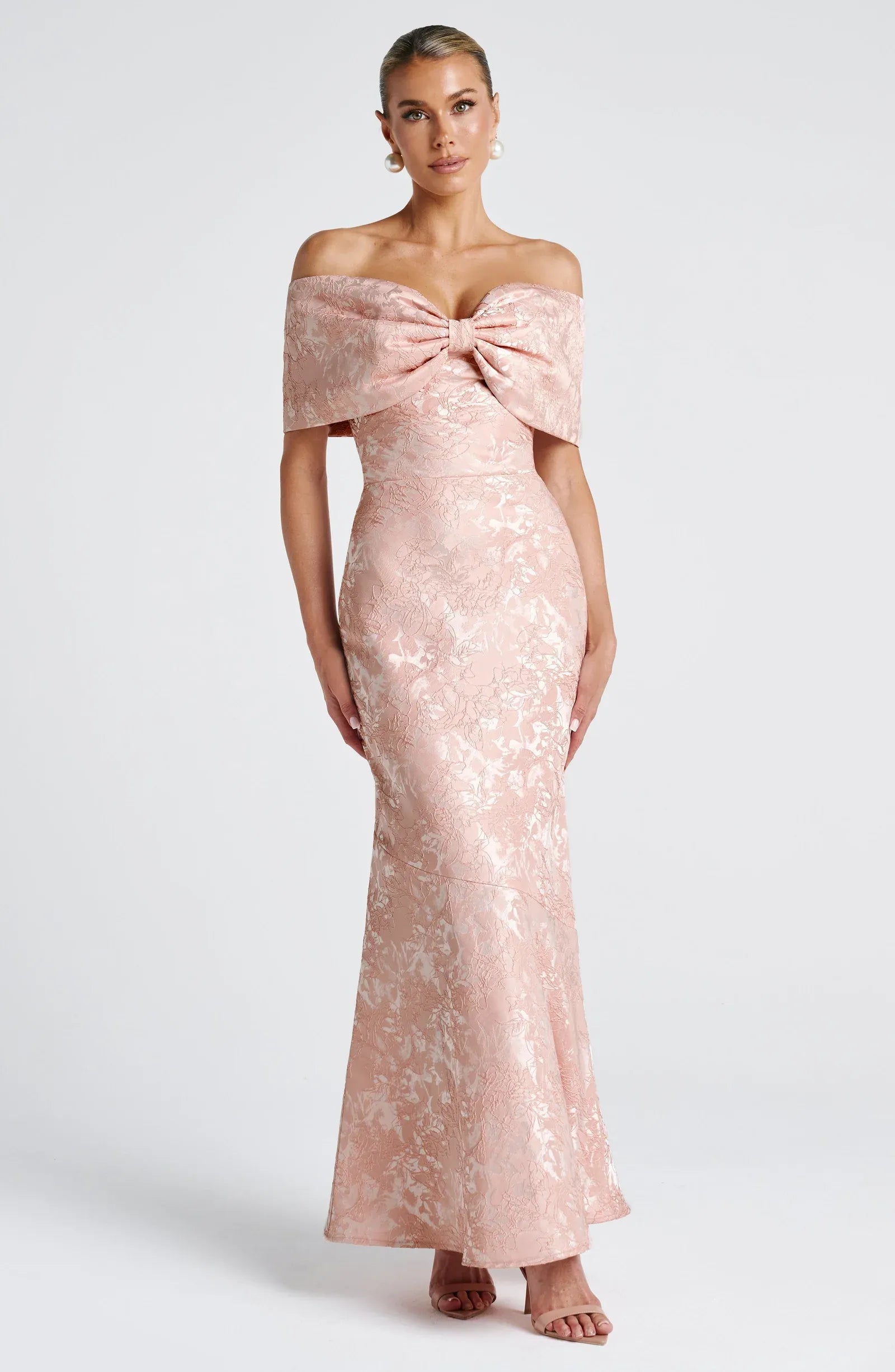 Off-the-Shoulder Bow Mermaid Maxi Dress with Lace-Up Back