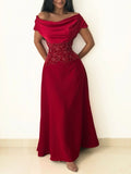 Off-the-Shoulder Draped Beaded Floral A-Line Maxi Dress