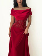 Off-the-Shoulder Draped Beaded Floral A-Line Maxi Dress