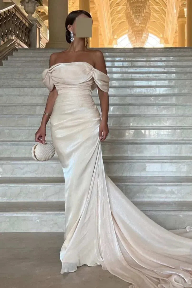 Off-the-Shoulder Draped Ruched Mermaid Maxi Dress with Train