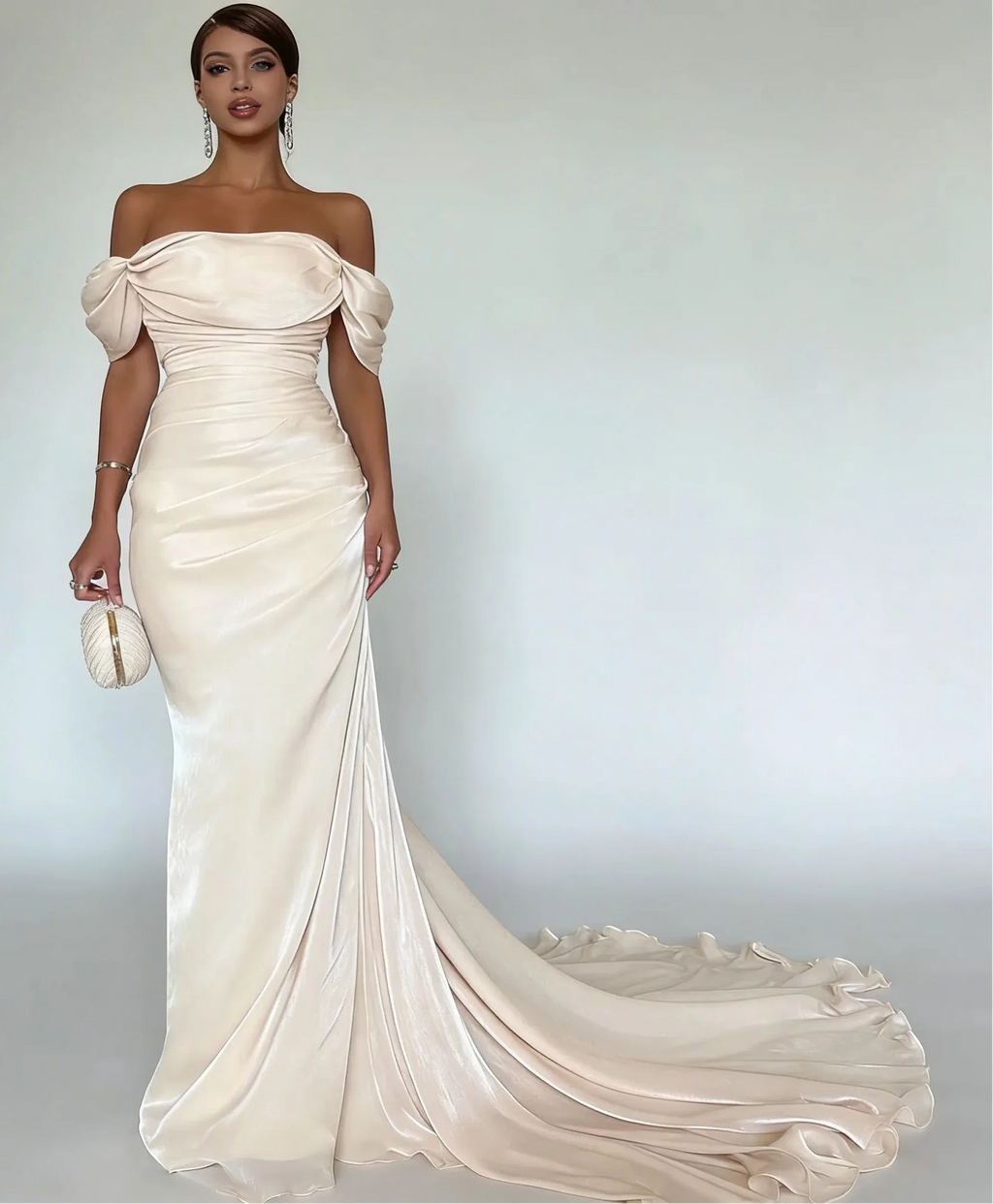 Off-the-Shoulder Draped Ruched Mermaid Maxi Dress with Train