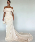 Off-the-Shoulder Draped Ruched Mermaid Maxi Dress with Train