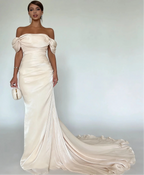 Off-the-Shoulder Draped Ruched Mermaid Maxi Dress with Train