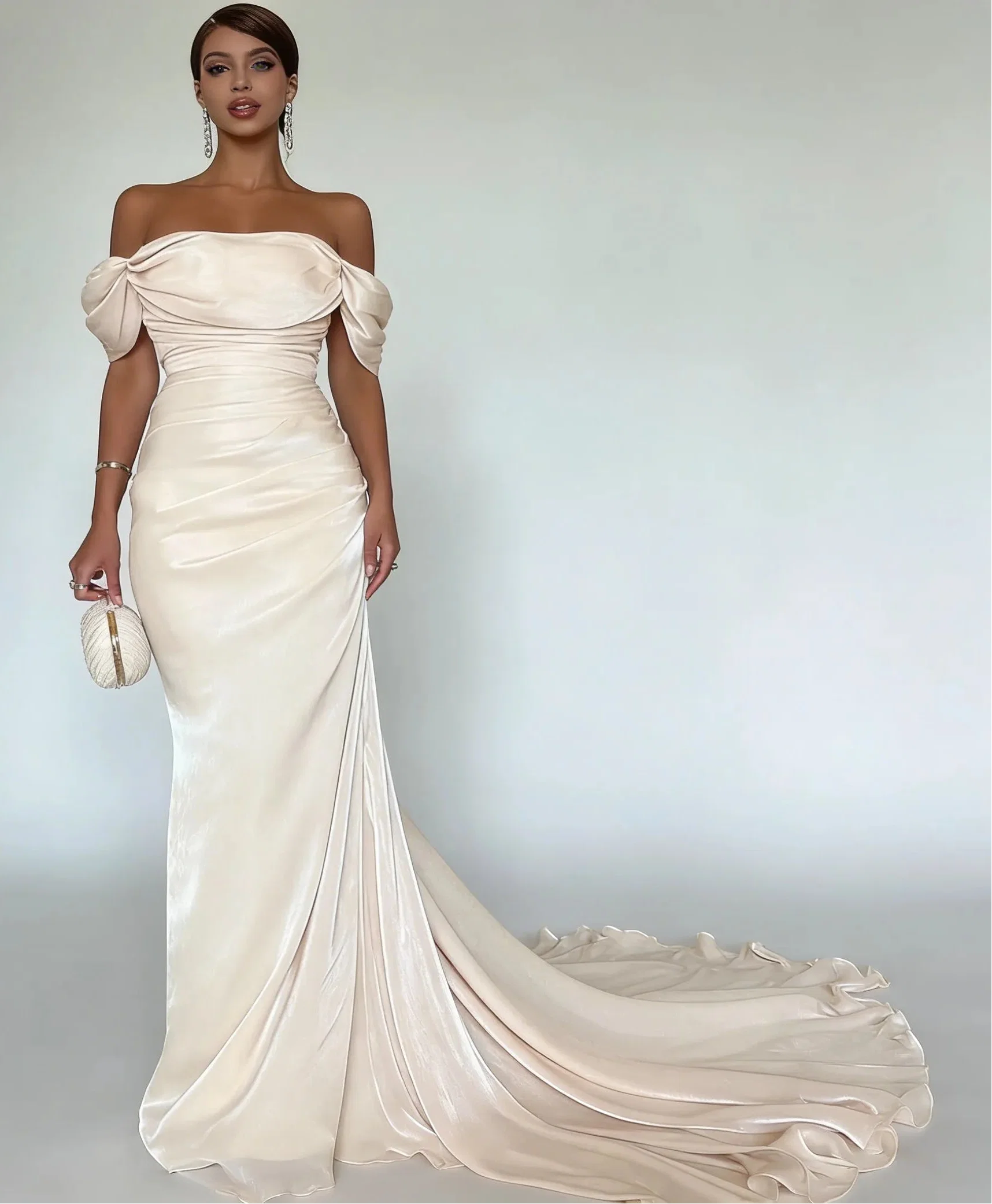Off-the-Shoulder Draped Ruched Mermaid Maxi Dress with Train
