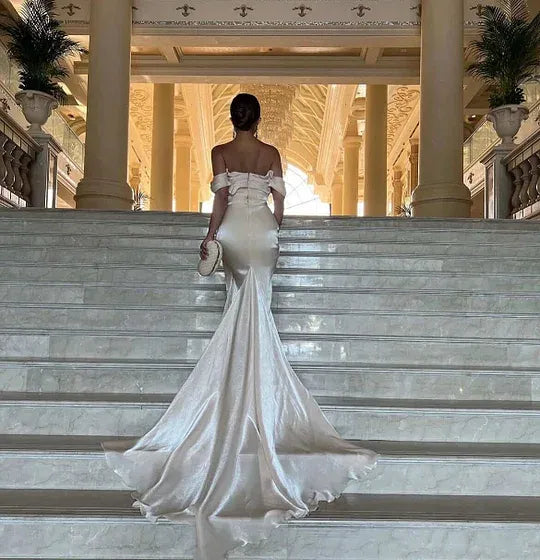 Off-the-Shoulder Draped Ruched Mermaid Maxi Dress with Train