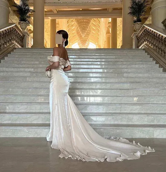Off-the-Shoulder Draped Ruched Mermaid Maxi Dress with Train