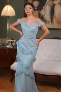 Off-the-Shoulder Fringed Tiered Mermaid Maxi Dress