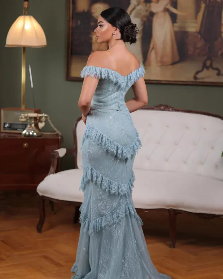 Off-the-Shoulder Fringed Tiered Mermaid Maxi Dress