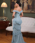 Off-the-Shoulder Fringed Tiered Mermaid Maxi Dress