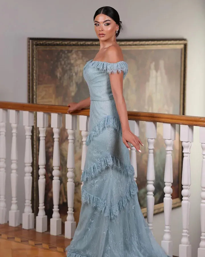 Off-the-Shoulder Fringed Tiered Mermaid Maxi Dress