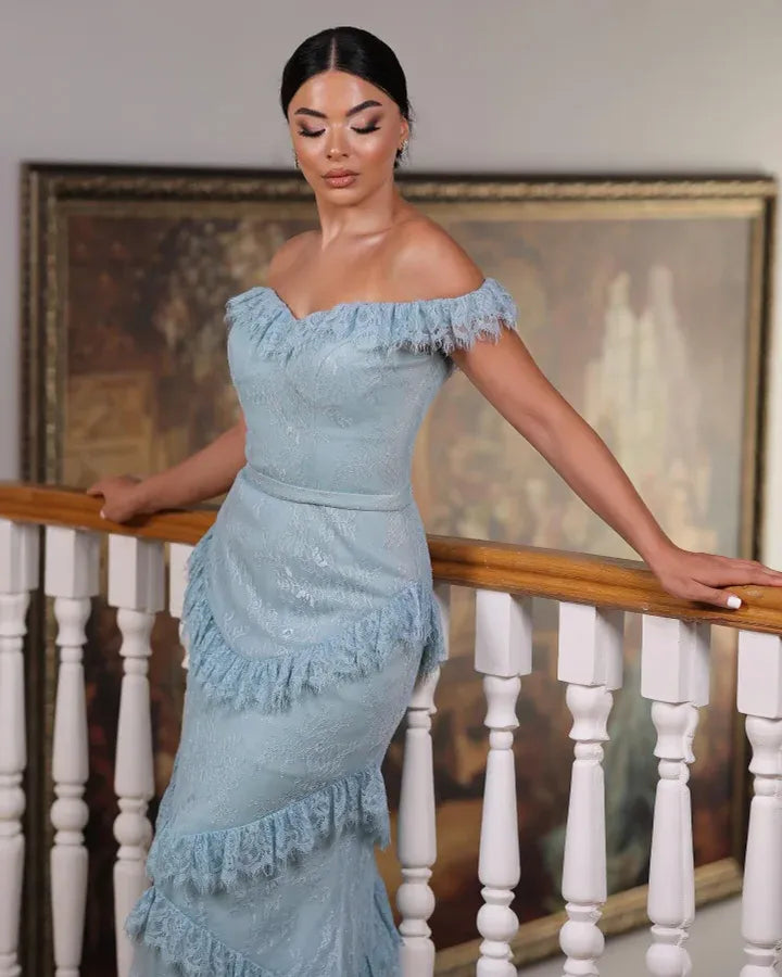 Off-the-Shoulder Fringed Tiered Mermaid Maxi Dress
