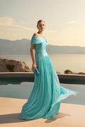 Off-the-Shoulder Pleated A-Line Maxi Dress