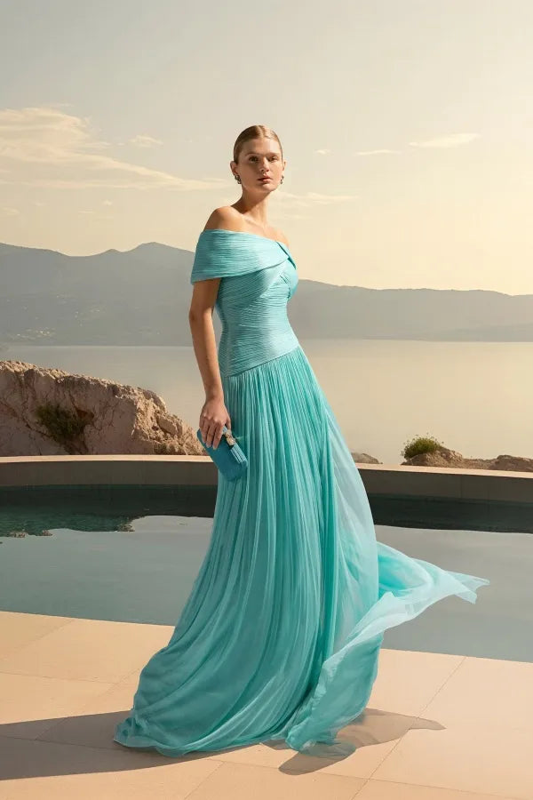 Off-the-Shoulder Pleated A-Line Maxi Dress