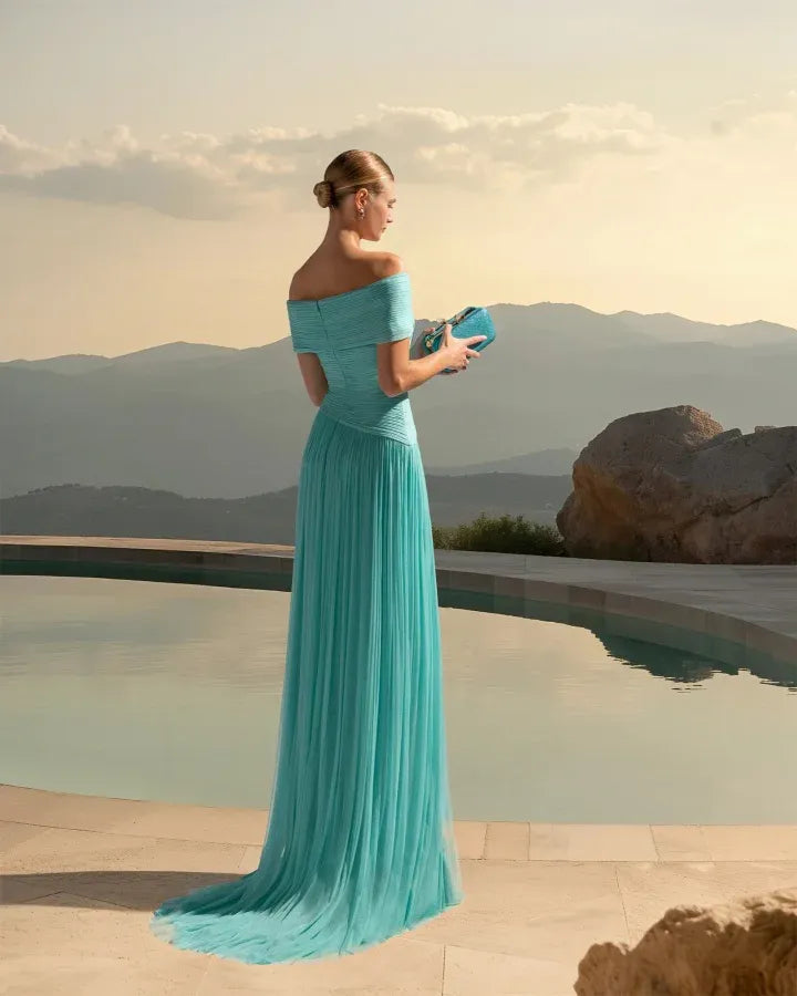 Off-the-Shoulder Pleated A-Line Maxi Dress