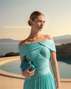 Off-the-Shoulder Pleated A-Line Maxi Dress