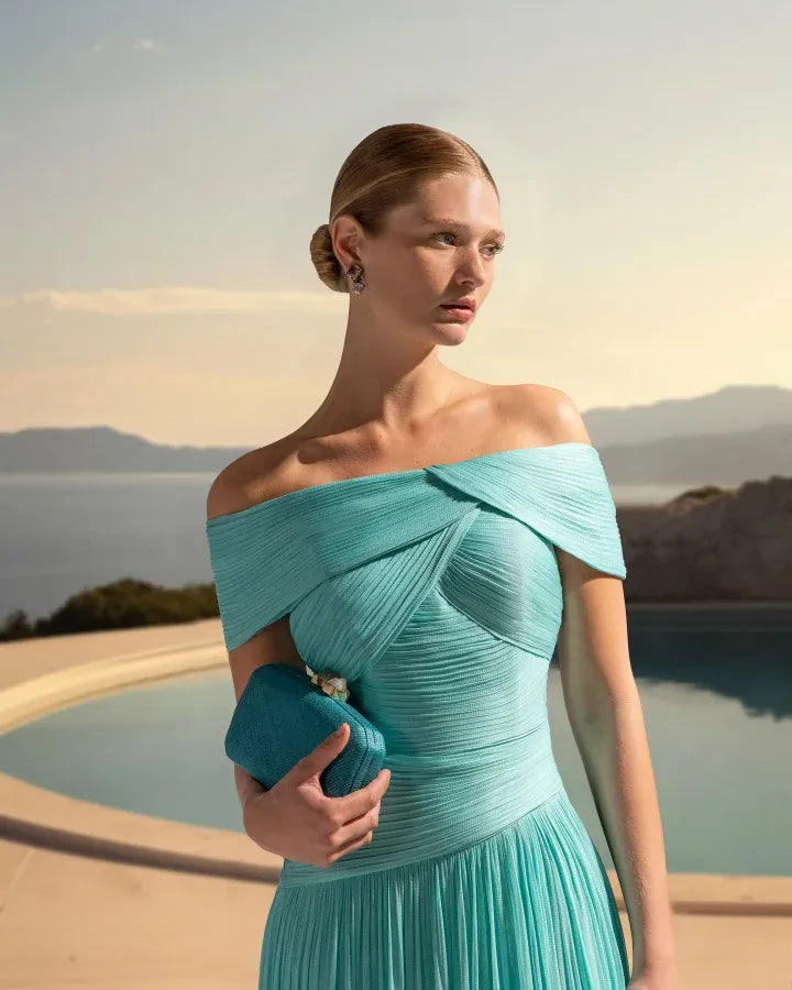 Off-the-Shoulder Pleated A-Line Maxi Dress