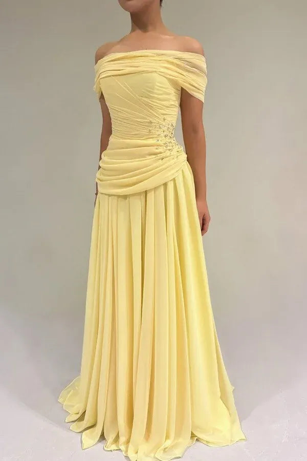 Off-the-Shoulder Ruched Beaded A-Line Maxi Dress
