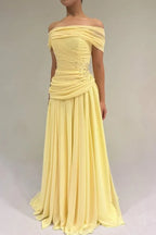 Off-the-Shoulder Ruched Beaded A-Line Maxi Dress