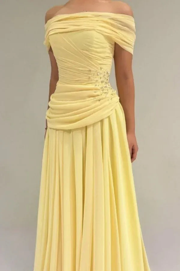 Off-the-Shoulder Ruched Beaded A-Line Maxi Dress