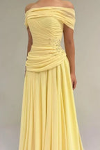 Off-the-Shoulder Ruched Beaded A-Line Maxi Dress