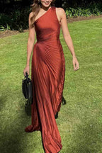 One Shoulder Pleated Maxi Formal Dress
