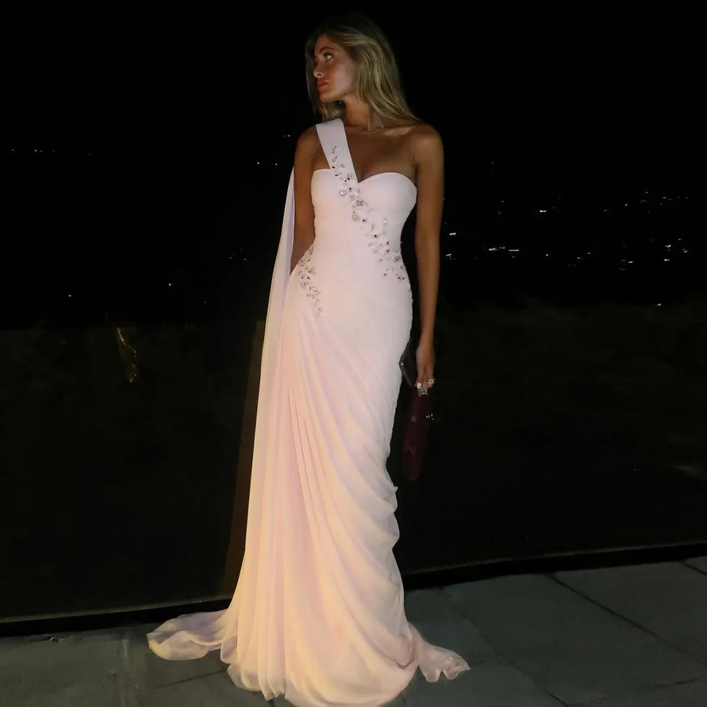One-Shoulder Ruched Beaded Mermaid Maxi Dress with Cape