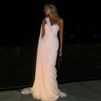 One-Shoulder Ruched Beaded Mermaid Maxi Dress with Cape
