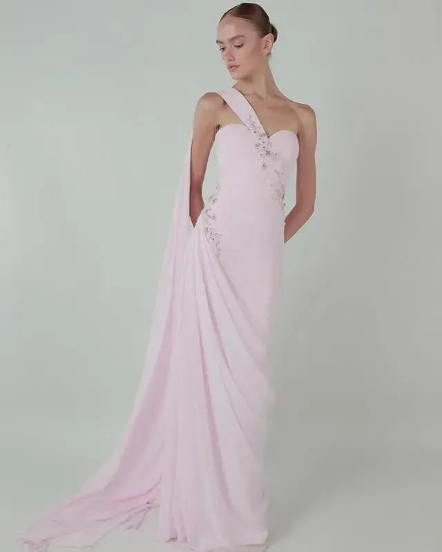One-Shoulder Ruched Beaded Mermaid Maxi Dress with Cape