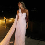One-Shoulder Ruched Beaded Mermaid Maxi Dress with Cape