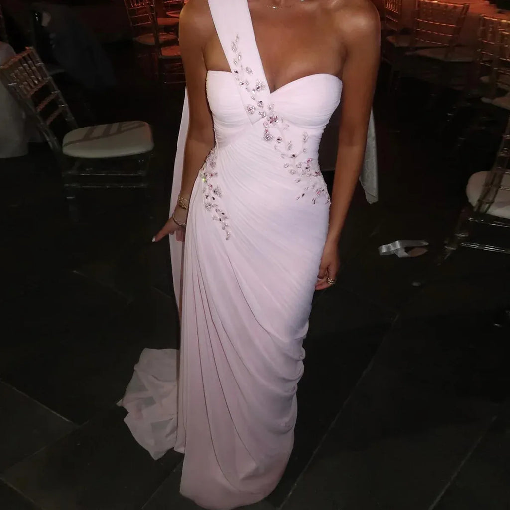 One-Shoulder Ruched Beaded Mermaid Maxi Dress with Cape