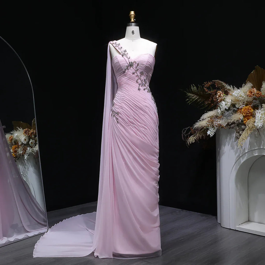 One-Shoulder Ruched Beaded Mermaid Maxi Dress with Cape