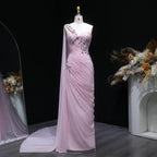 One-Shoulder Ruched Beaded Mermaid Maxi Dress with Cape