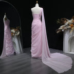 One-Shoulder Ruched Beaded Mermaid Maxi Dress with Cape