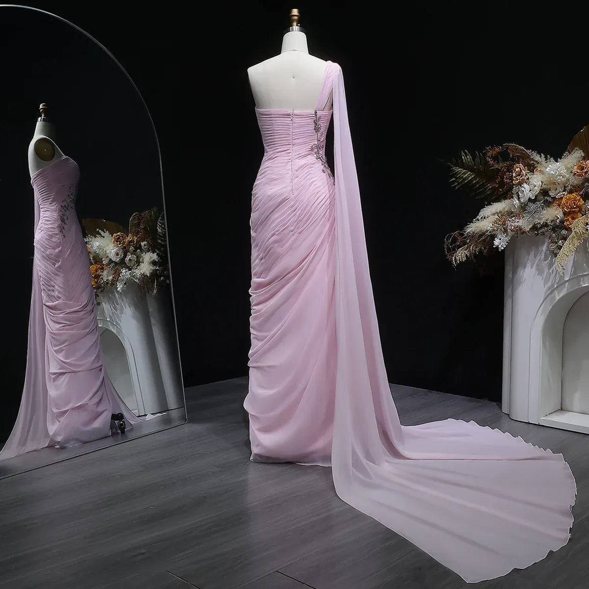 One-Shoulder Ruched Beaded Mermaid Maxi Dress with Cape